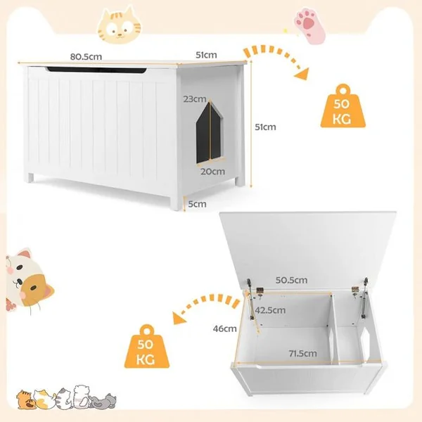 Boîte à litière pour Chat avec Ouverture sur Le Dessus Séparateur Amovible Tige de Gaz Crochets en Métal Pieds en Bois de Pin