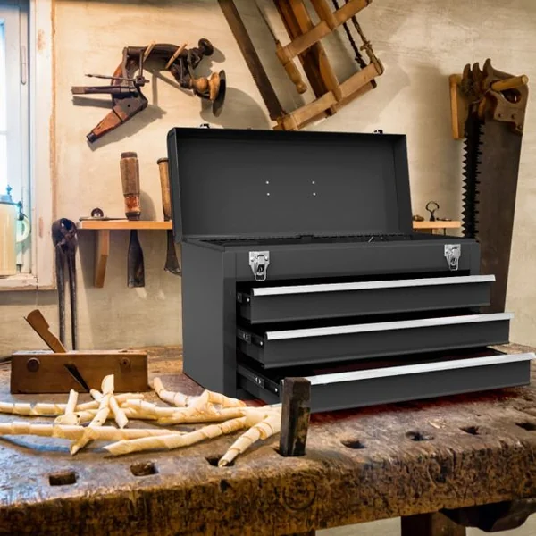 Boîte à Outils en Métal avec 3 Tiroirs Coffre à Outils avec Plateau de Rangement Supérieur 2 Loquets et Doublures en EVA et Poignée Noir