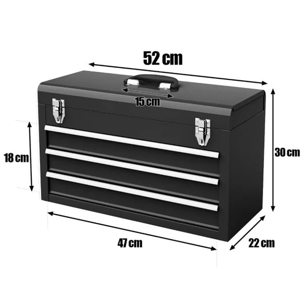 Boîte à Outils en Métal avec 3 Tiroirs Coffre à Outils avec Plateau de Rangement Supérieur 2 Loquets et Doublures en EVA et Poignée Noir