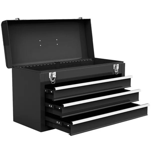 Boîte à Outils en Métal avec 3 Tiroirs Coffre à Outils avec Plateau de Rangement Supérieur 2 Loquets et Doublures en EVA et Poignée Noir