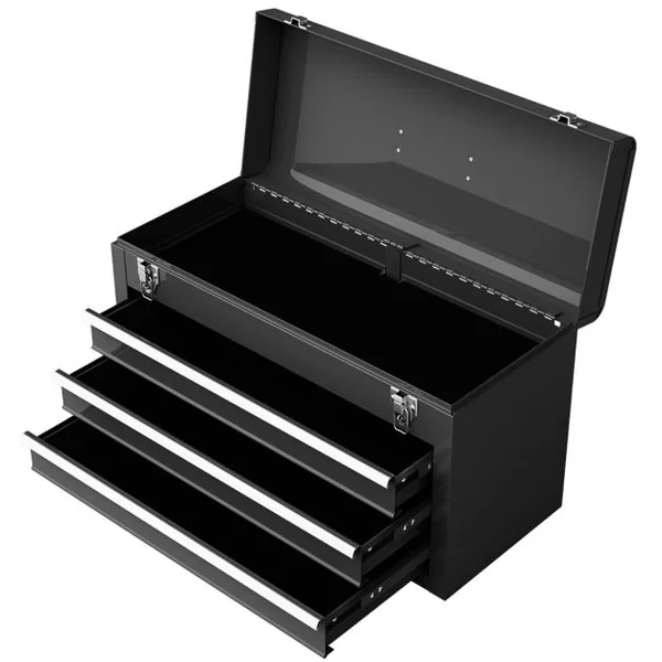 Boîte à Outils en Métal avec 3 Tiroirs Coffre à Outils avec Plateau de Rangement Supérieur 2 Loquets et Doublures en EVA et Poignée Noir