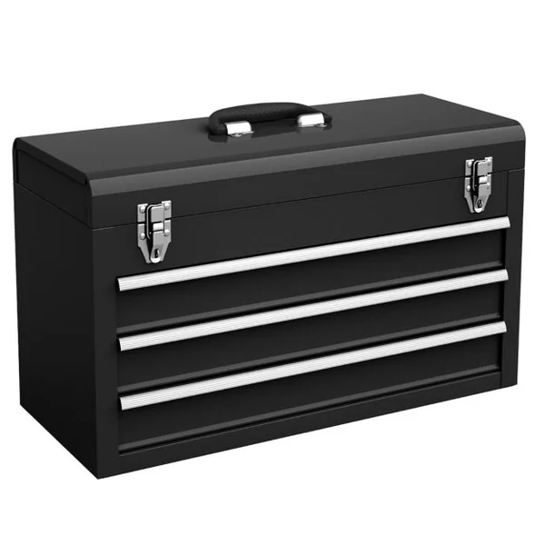 Boîte à Outils en Métal avec 3 Tiroirs Coffre à Outils avec Plateau de Rangement Supérieur 2 Loquets et Doublures en EVA et Poignée Noir