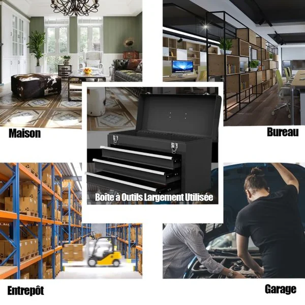 Boîte à Outils en Métal avec 3 Tiroirs Coffre à Outils avec Plateau de Rangement Supérieur 2 Loquets et Doublures en EVA et Poignée Noir
