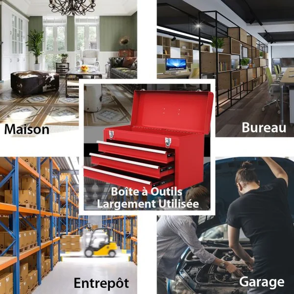 Boîte à Outils en Métal avec 3 Tiroirs Coffre à Outils avec Plateau de Rangement Supérieur 2 Loquets et Doublures en EVA et Poignée Rouge