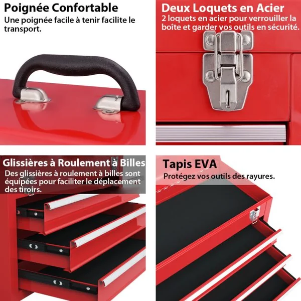 Boîte à Outils en Métal avec 3 Tiroirs Coffre à Outils avec Plateau de Rangement Supérieur 2 Loquets et Doublures en EVA et Poignée Rouge