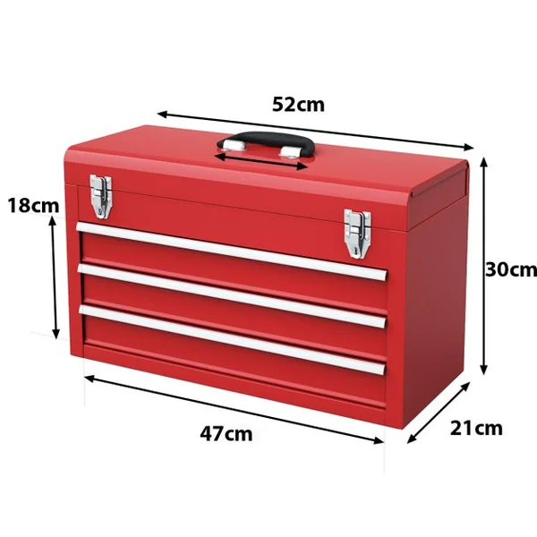Boîte à Outils en Métal avec 3 Tiroirs Coffre à Outils avec Plateau de Rangement Supérieur 2 Loquets et Doublures en EVA et Poignée Rouge