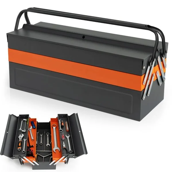 Boîte à Outils Pliable en Métal à 5 Plateaux Coffre avec Poignée Pratique Charge Chaque Plateau 10KG pour Atelier de Réparation Gris+Orange