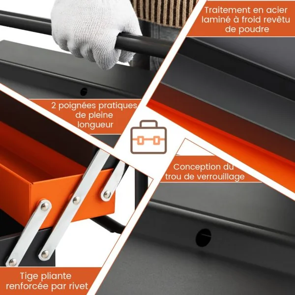Boîte à Outils Pliable en Métal à 5 Plateaux Coffre avec Poignée Pratique Charge Chaque Plateau 10KG pour Atelier de Réparation Gris+Orange