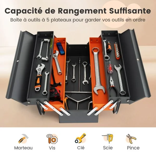 Boîte à Outils Pliable en Métal à 5 Plateaux Coffre avec Poignée Pratique Charge Chaque Plateau 10KG pour Atelier de Réparation Gris+Orange