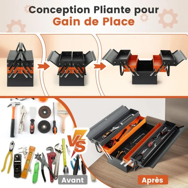 Boîte à Outils Pliable en Métal à 5 Plateaux Coffre avec Poignée Pratique Charge Chaque Plateau 10KG pour Atelier de Réparation Gris+Orange