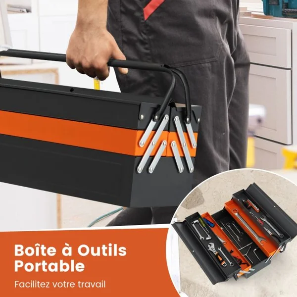 Boîte à Outils Pliable en Métal à 5 Plateaux Coffre avec Poignée Pratique Charge Chaque Plateau 10KG pour Atelier de Réparation Gris+Orange