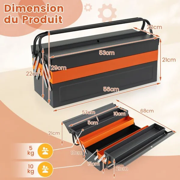 Boîte à Outils Pliable en Métal à 5 Plateaux Coffre avec Poignée Pratique Charge Chaque Plateau 10KG pour Atelier de Réparation Gris+Orange