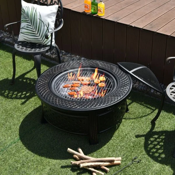 Brasero de 81 Cm Rond 3 en 1 Finition Résistante Aux Hautes Températures Cheminée Extérieure Barbecue Grille à Bûches Tisonnier Housse de Pluie Noir