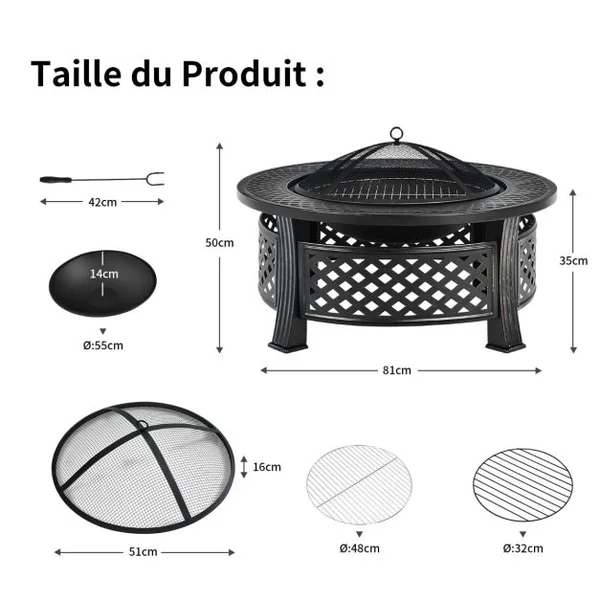 Brasero de 81 Cm Rond 3 en 1 Finition Résistante Aux Hautes Températures Cheminée Extérieure Barbecue Grille à Bûches Tisonnier Housse de Pluie Noir