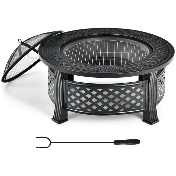 Brasero de 81 Cm Rond 3 en 1 Finition Résistante Aux Hautes Températures Cheminée Extérieure Barbecue Grille à Bûches Tisonnier Housse de Pluie Noir
