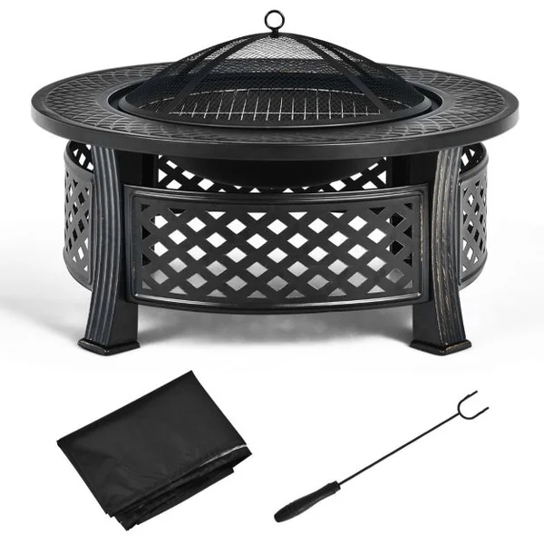 Brasero de 81 Cm Rond 3 en 1 Finition Résistante Aux Hautes Températures Cheminée Extérieure Barbecue Grille à Bûches Tisonnier Housse de Pluie Noir