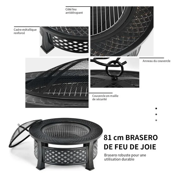 Brasero de 81 Cm Rond 3 en 1 Finition Résistante Aux Hautes Températures Cheminée Extérieure Barbecue Grille à Bûches Tisonnier Housse de Pluie Noir