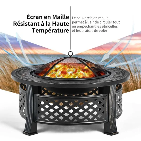 Brasero de 81 Cm Rond 3 en 1 Finition Résistante Aux Hautes Températures Cheminée Extérieure Barbecue Grille à Bûches Tisonnier Housse de Pluie Noir