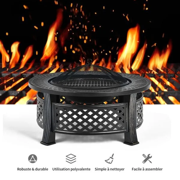 Brasero de 81 Cm Rond 3 en 1 Finition Résistante Aux Hautes Températures Cheminée Extérieure Barbecue Grille à Bûches Tisonnier Housse de Pluie Noir