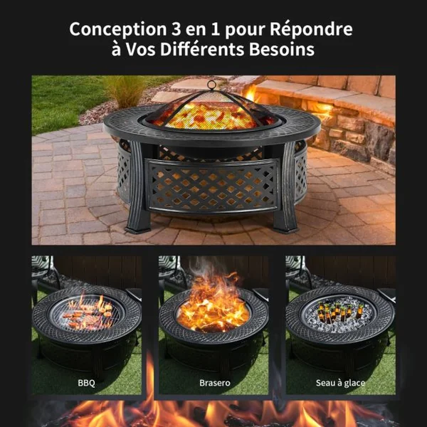 Brasero de 81 Cm Rond 3 en 1 Finition Résistante Aux Hautes Températures Cheminée Extérieure Barbecue Grille à Bûches Tisonnier Housse de Pluie Noir