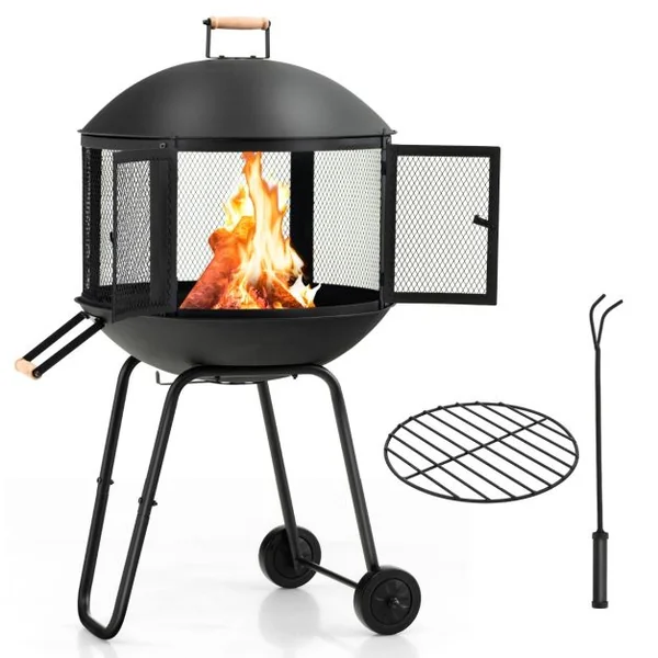 Brasero Extérieur Mobile à 2 Portes en Maille Foyer Poêle en Fer avec Tisonnier Grille pour Terrasse Patio 69x56x108cm