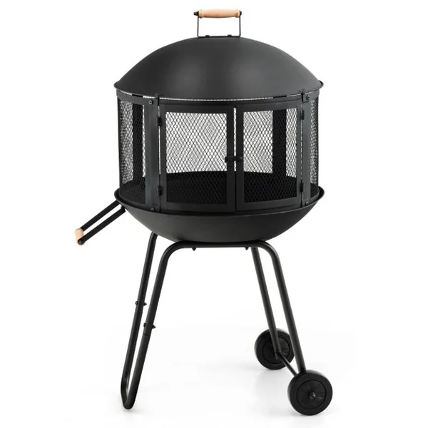 Brasero Extérieur Mobile à 2 Portes en Maille Foyer Poêle en Fer avec Tisonnier Grille pour Terrasse Patio 69x56x108cm