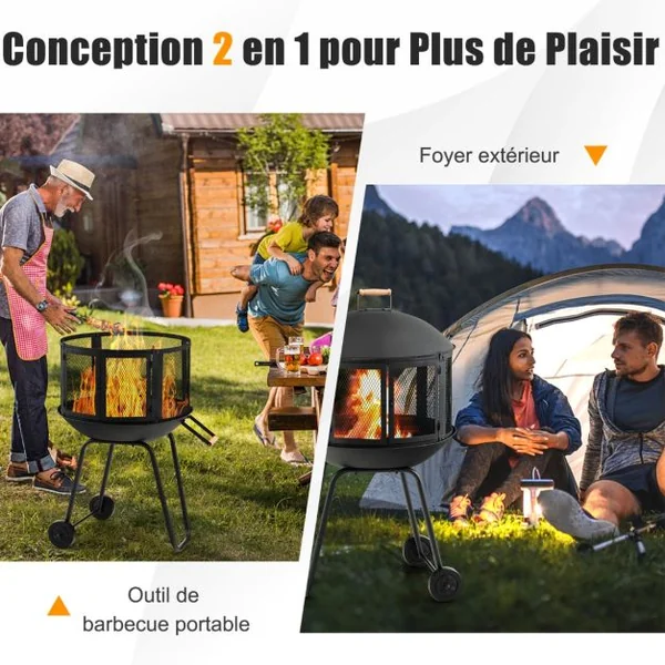 Brasero Extérieur Mobile à 2 Portes en Maille Foyer Poêle en Fer avec Tisonnier Grille pour Terrasse Patio 69x56x108cm