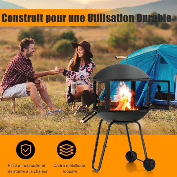 Brasero Extérieur Mobile à 2 Portes en Maille Foyer Poêle en Fer avec Tisonnier Grille pour Terrasse Patio 69x56x108cm