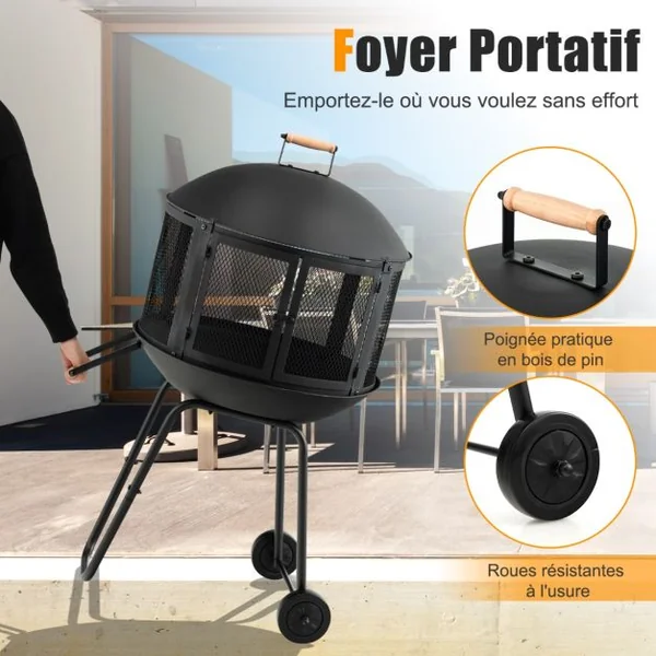 Brasero Extérieur Mobile à 2 Portes en Maille Foyer Poêle en Fer avec Tisonnier Grille pour Terrasse Patio 69x56x108cm