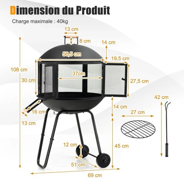 Brasero Extérieur Mobile à 2 Portes en Maille Foyer Poêle en Fer avec Tisonnier Grille pour Terrasse Patio 69x56x108cm