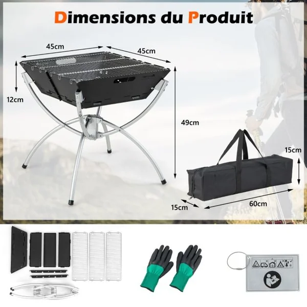 Brasero Extérieur Pliable au Charbon de Bois Foyer Portable 3 en 1 Grilles en Acier Inoxydable avec Sac de Transport et Gants 45*45*49cm Noir