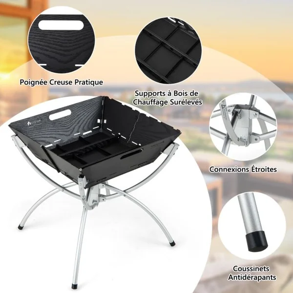 Brasero Extérieur Pliable au Charbon de Bois Foyer Portable 3 en 1 Grilles en Acier Inoxydable avec Sac de Transport et Gants 45*45*49cm Noir