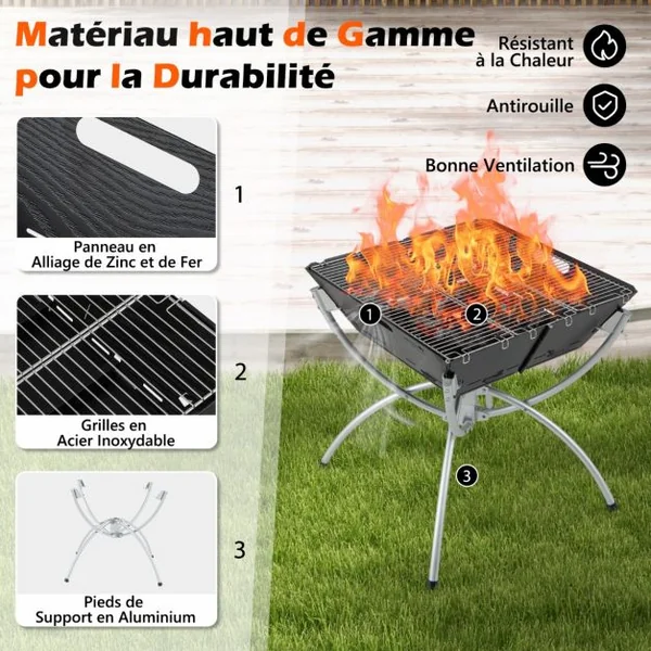 Brasero Extérieur Pliable au Charbon de Bois Foyer Portable 3 en 1 Grilles en Acier Inoxydable avec Sac de Transport et Gants 45*45*49cm Noir
