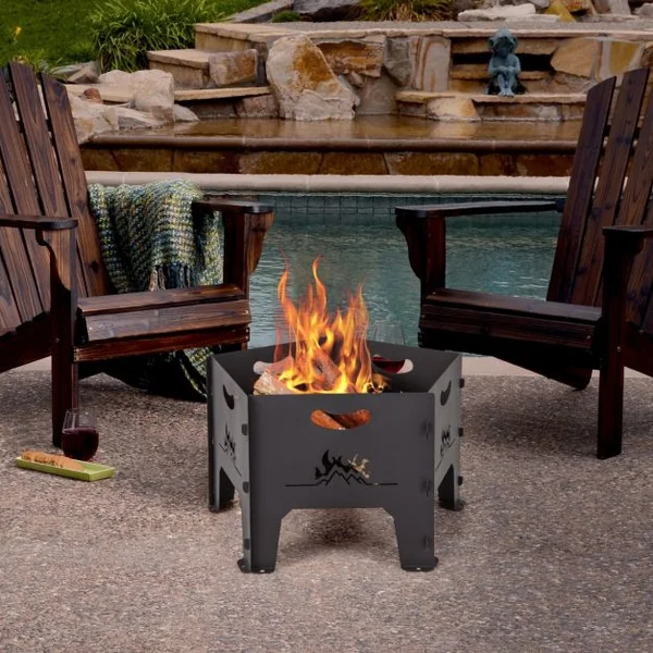 Brasero Extérieur Pliable de 49 cm avec Sac de Rangement Foyer à Bois Pentagona Portatif en Acier au Carbone pour Camping Arrière-cour Patio Noir