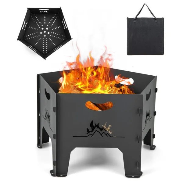 Brasero Extérieur Pliable de 49 cm avec Sac de Rangement Foyer à Bois Pentagona Portatif en Acier au Carbone pour Camping Arrière-cour Patio Noir