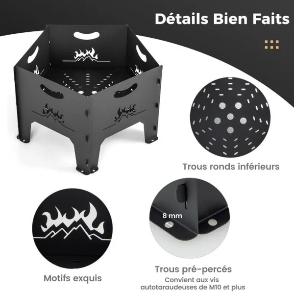 Brasero Extérieur Pliable de 49 cm avec Sac de Rangement Foyer à Bois Pentagona Portatif en Acier au Carbone pour Camping Arrière-cour Patio Noir