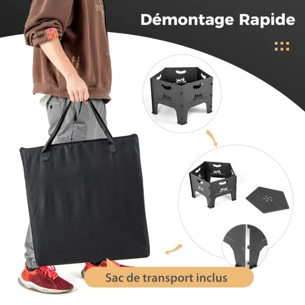 Brasero Extérieur Pliable de 49 cm avec Sac de Rangement Foyer à Bois Pentagona Portatif en Acier au Carbone pour Camping Arrière-cour Patio Noir