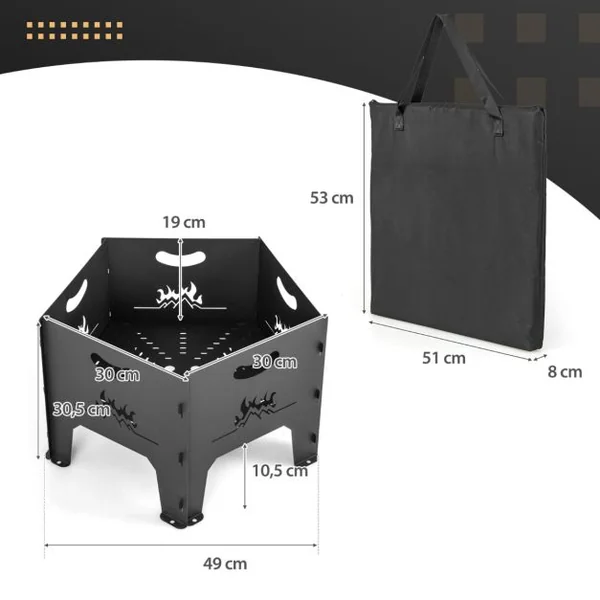 Brasero Extérieur Pliable de 49 cm avec Sac de Rangement Foyer à Bois Pentagona Portatif en Acier au Carbone pour Camping Arrière-cour Patio Noir