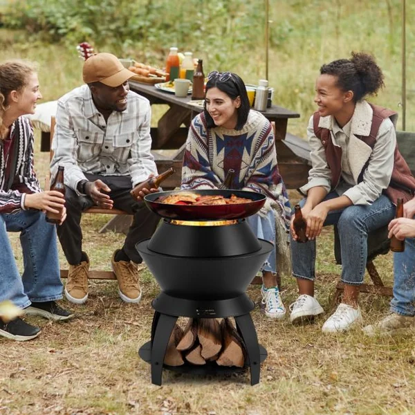 Brasero Foyer de 50CM Bol de Feu de Camping en Métal avec Support de Casserole et Étagère de Rangement Combustion sans Fumée Noir