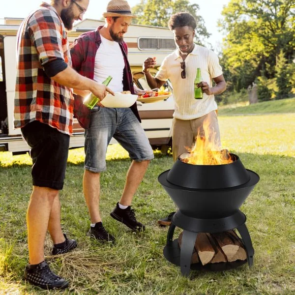 Brasero Foyer de 50CM Bol de Feu de Camping en Métal avec Support de Casserole et Étagère de Rangement Combustion sans Fumée Noir