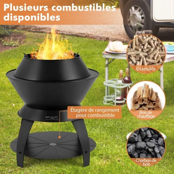 Brasero Foyer de 50CM Bol de Feu de Camping en Métal avec Support de Casserole et Étagère de Rangement Combustion sans Fumée Noir