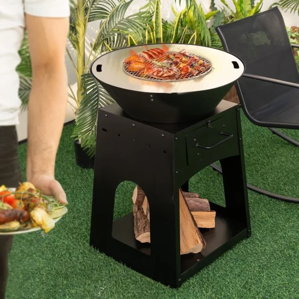 Brasero Foyer de Terrasse avec Rangement Bol de Feu à Bois avec Grille et Boîte à Cendres Etagère Inférieure Spacieuse Tisonnier Noir