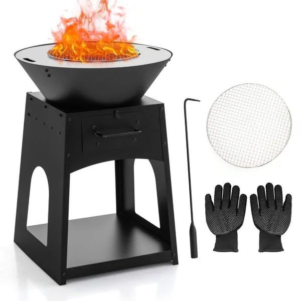 Brasero Foyer de Terrasse avec Rangement Bol de Feu à Bois avec Grille et Boîte à Cendres Etagère Inférieure Spacieuse Tisonnier Noir