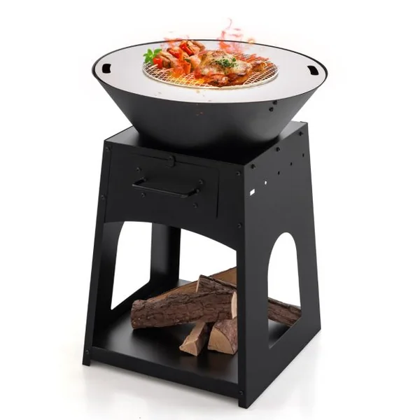 Brasero Foyer de Terrasse avec Rangement Bol de Feu à Bois avec Grille et Boîte à Cendres Etagère Inférieure Spacieuse Tisonnier Noir