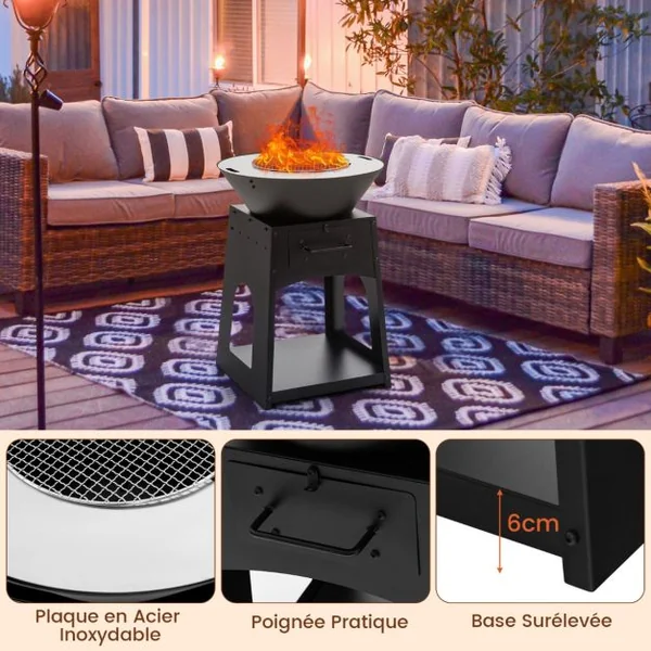 Brasero Foyer de Terrasse avec Rangement Bol de Feu à Bois avec Grille et Boîte à Cendres Etagère Inférieure Spacieuse Tisonnier Noir