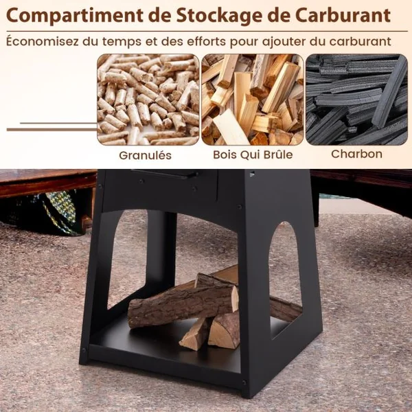 Brasero Foyer de Terrasse avec Rangement Bol de Feu à Bois avec Grille et Boîte à Cendres Etagère Inférieure Spacieuse Tisonnier Noir