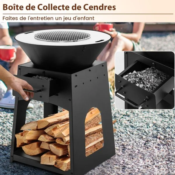 Brasero Foyer de Terrasse avec Rangement Bol de Feu à Bois avec Grille et Boîte à Cendres Etagère Inférieure Spacieuse Tisonnier Noir