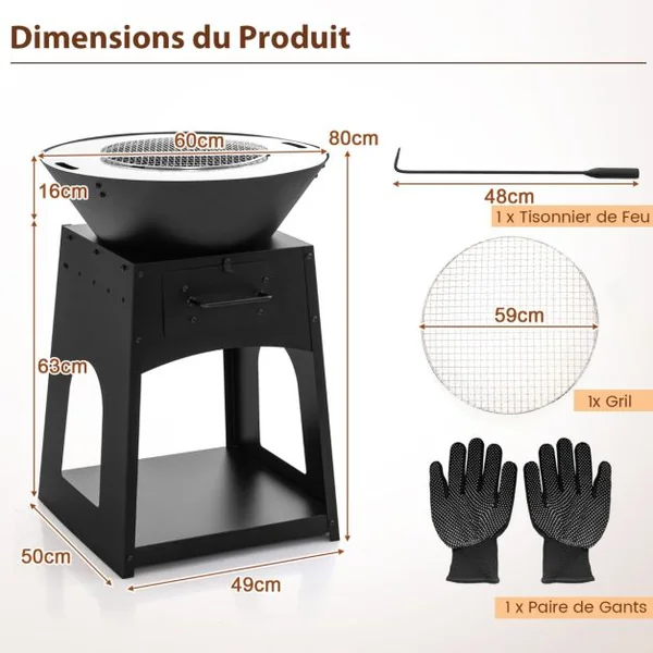 Brasero Foyer de Terrasse avec Rangement Bol de Feu à Bois avec Grille et Boîte à Cendres Etagère Inférieure Spacieuse Tisonnier Noir