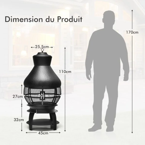 Brasero Foyer Extérieur avec Grille à Bûches en 2 Pièces Cheminée à Bois Capuchon de Pluie et Tisonnier Ignifuge à 360°
