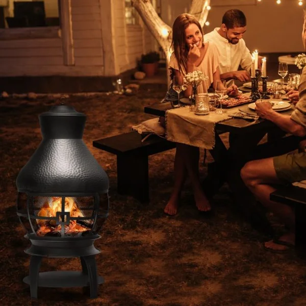 Brasero Foyer Extérieur avec Grille à Bûches en 2 Pièces Cheminée à Bois Capuchon de Pluie et Tisonnier Ignifuge à 360°